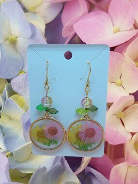 Whimsical Pressed Flower Pink Yellow Green Resin Dangle Earrings